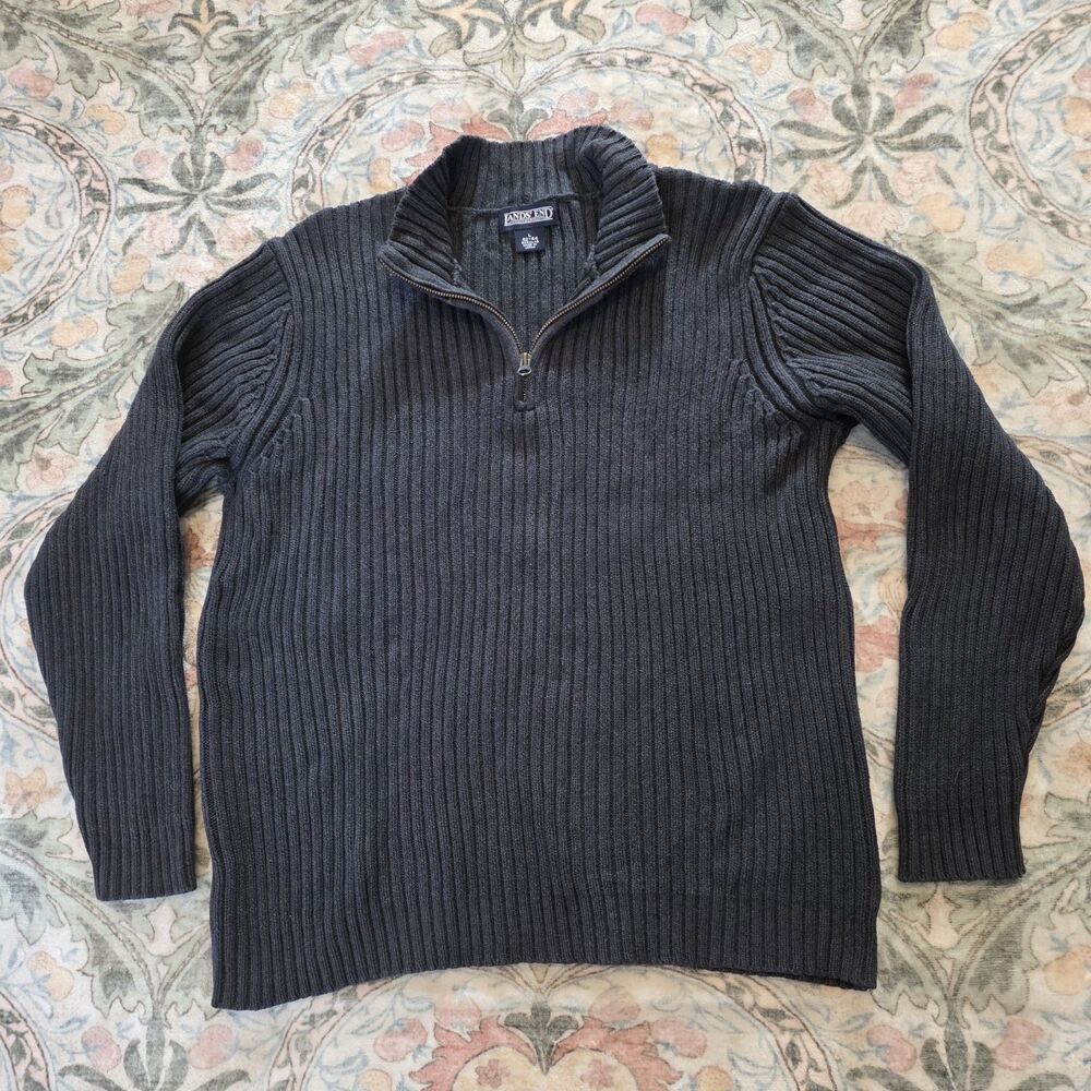 Vintage Lands End 1/4 Zip Sweater Mens L Ribbed Chunky Knit Made in Japan 90s